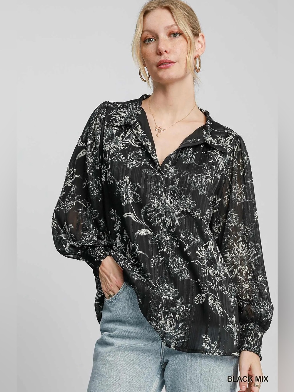 Umgee Metallic Threaded Floral Print Top